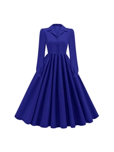 Robe trapèze vintage bleue à manches longues avec col à revers et boutons pour l'automne