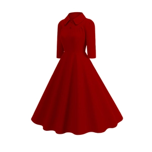 Detail of vintage burgundy A-line dress featuring Peter Pan collar and decorative buttons