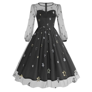 Detail of star sequins on black mesh layer of long lantern sleeve midi dress