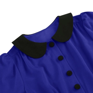 Detail of navy vintage dress featuring black Peter Pan collar and buttoned front bodice