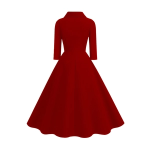 Back view of elegant wine red vintage A-line dress with long sleeves and wide hem