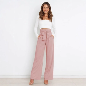 Women's High Waist Wide Leg Pants Fashion Paperbag Waist Trousers With Bow Tie Belt Casual Summer Solid Color Bottoms