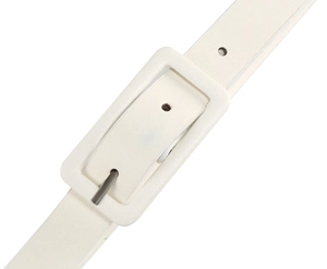 Detailed view of a white leather waist belt featuring a matching square pin buckle fastener
