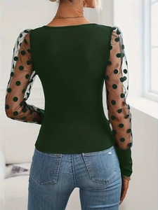 Deep green knit top for women with black polka dot sheer mesh puff long sleeves