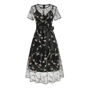 Two-piece vintage French dress with floral embroidery and satin waist tie belt
