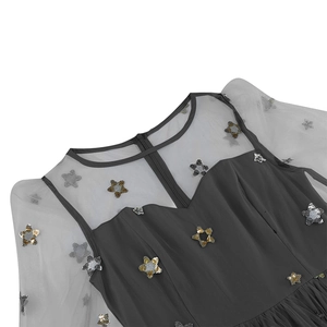 Detail of V-neck mesh sheer neckline with gold star sequins on dark grey party dress