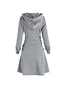 Damen Kapuzenkleid in Dunkelgrau mit seitlicher Schnürung und langärmeliger A-Linien-Form