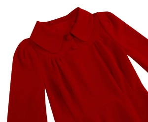 Detailed view of dark red vintage dress with Peter Pan collar and matching buttons