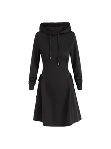Schwarzes Langarm-Kapuzenkleid mit verstellbarem Kordelzug in der Taille und A-Linien-Rock