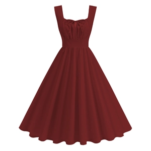 Robe vintage sans manches bordeaux avec col en U, détail nœud et jupe évasée à volants