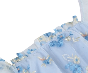 Close-up of mesh dress featuring delicate floral embroidery and ruffled edge detailing