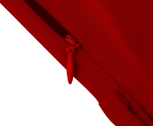 Detail of red vintage dress with matching invisible teardrop zipper and textured fabric