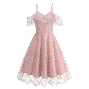 Robe à Bretelles en Maille Brodée pour Femme Dentelle Florale Épaules Dénudées Col Bateau Trapèze Élégante Fête Mariage