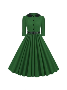 Vintage Hepburn Style Midi Dress For Women Peter Pan Collar 3/4 Sleeve Pleated A-Line Swing Party Dress With Belt