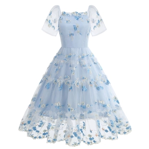 Light blue mesh tiered dress with vintage floral embroidery and puff mesh sleeves