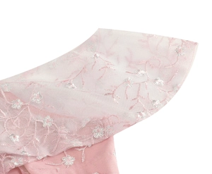 Vue détaillée de la robe en satin rose avec dentelle blanche délicate et broderie florale
