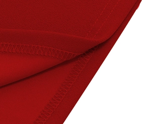 Detailed close-up of dark red fabric with professional overlock stitching and refined texture