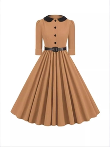 Vintage camel A-line dress with black Peter Pan collar and waist belt in Audrey Hepburn style