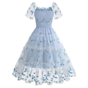 Detailed view of sky blue mesh dress with floral embroidery and smocked bodice details