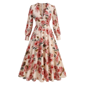 Women Vintage V Neck Puff Long Sleeve Midi Dress Rose Butterfly Print Elegant A-Line Polyester Party Long Skirt