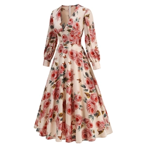 Elegant V-neck long sleeve midi dress with pink rose and butterfly floral prints