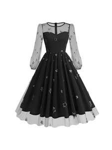 French Vintage Star Bronzing Mesh Dress Long Sleeve Mesh Patchwork Fairy Midi A-Line Dress For Halloween Party Women