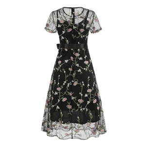 Retro black mesh dress with floral embroidery and satin waist belt in a classic silhouette