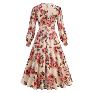 Elegant vintage cream midi dress with red rose and butterfly prints and back zipper