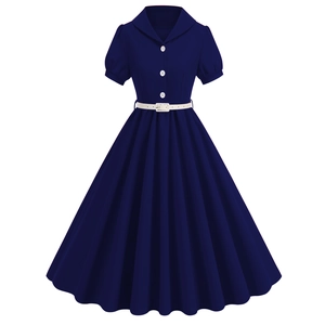 Detail of navy retro dress with white belt, classic lapel and bubble sleeves