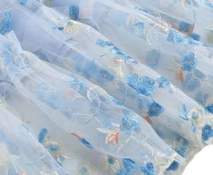 Detailed view of light blue mesh fabric with delicate floral embroidery on 50s dress