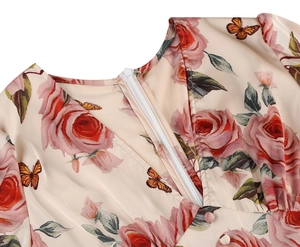 Detail of the V-neckline with fabric covered buttons and floral butterfly print