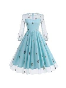 Elegant light blue long sleeve dress with silver star embroidery and mesh texture