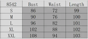 Detailed size chart for vintage elegant dress 8542 showing bust waist and length measurements