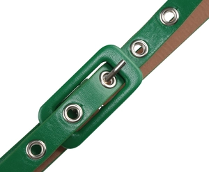 Detail of green litchi texture leather belt with rectangular buckle and silver eyelets