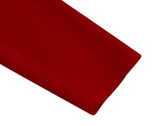 Detailed close-up of double-needle stitching on the dark red vintage dress hemline