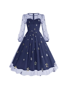 Elegant navy blue A-line dress with sheer mesh sleeves and gold star sequins