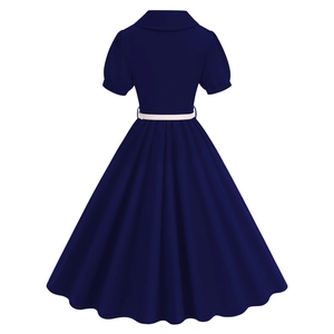 Back view of a vintage dark blue short-sleeved dress with a white belt and wide hemline