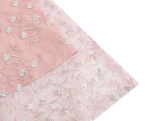 Gros plan sur tissu en maille rose avec broderie florale blanche pour robe d'été élégante