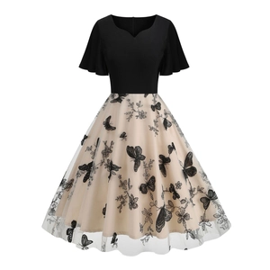 Vintage Hepburn style V-neck cocktail dress with butterfly embroidery and mesh skirt