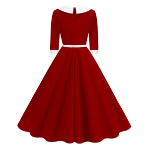 Rear view of vintage red A-line dress featuring white Peter Pan collar and waist belt detail