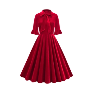 Detail of red velvet vintage dress with elegant pussy-bow neck and ruffled half-sleeves