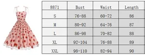Size chart showing bust, waist, and length for this strawberry embroidered cami dress