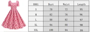 Tableau des tailles avec mesures du buste et de la taille pour robe vintage à cœurs