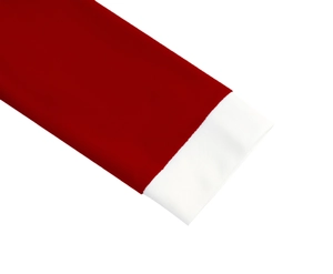 Close-up of contrast red and white knit cuff detail on elegant mid-sleeve dress
