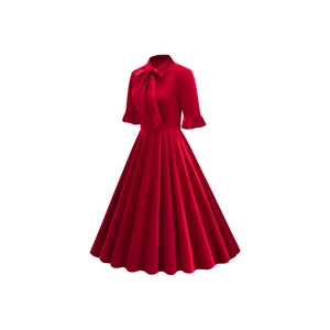 Detail of elegant dark red velvet dress with bow neckline and ruffled mid-sleeves