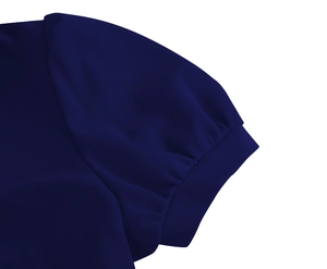 Detail of elegant navy blue puff sleeve with gathered elastic cuff on summer dress