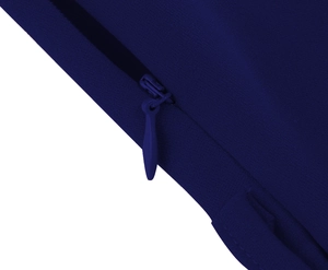 Detail of invisible zipper closure on dark blue vintage dress with textured fabric