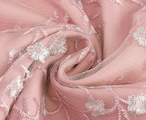 Détail macro du tissu en maille rose avec broderie florale en dentelle blanche haut de gamme