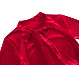 Detailed view of the elegant bow-tie neckline on a vintage deep red velvet dress
