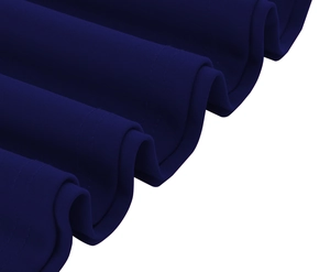 Macro shot of navy blue pleated chiffon fabric with clean double-stitched wavy hem finish